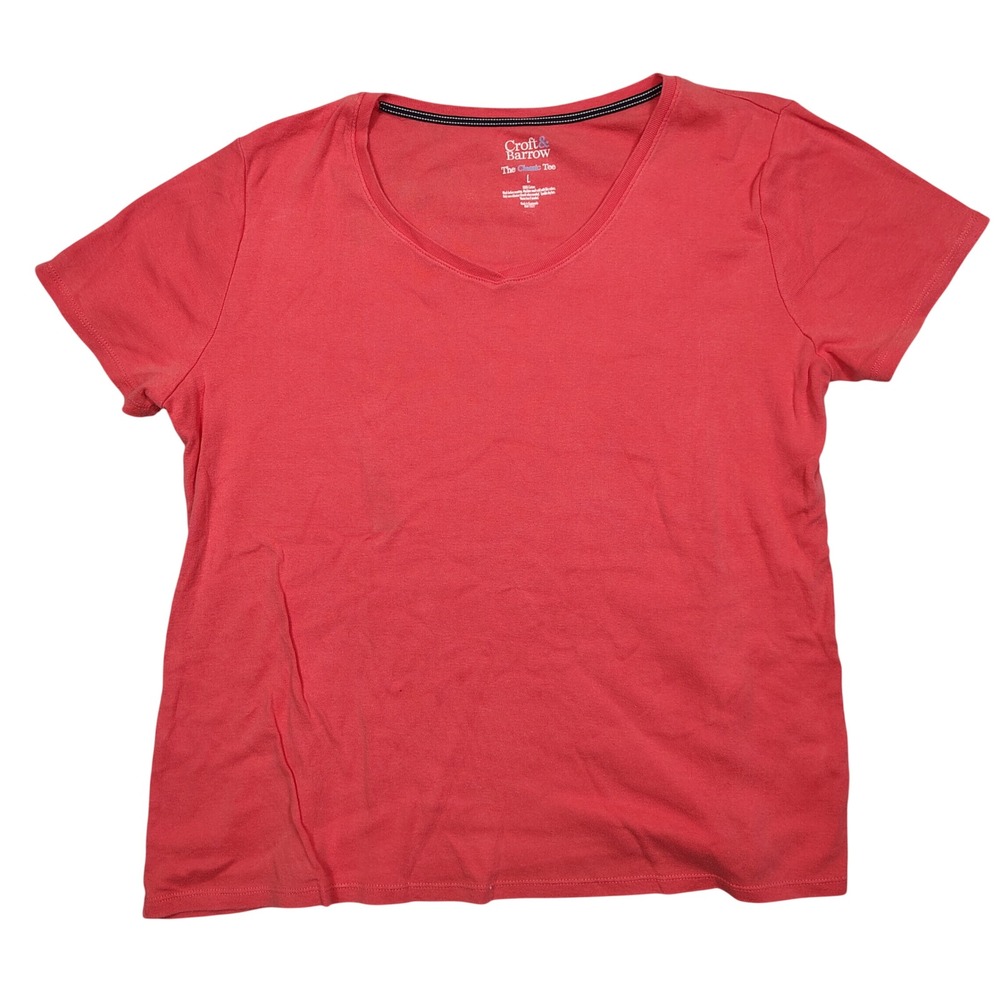 Croft & Barrow V-Neck Tee Women Large Coral Short Sleeve Solid Cotton 0779